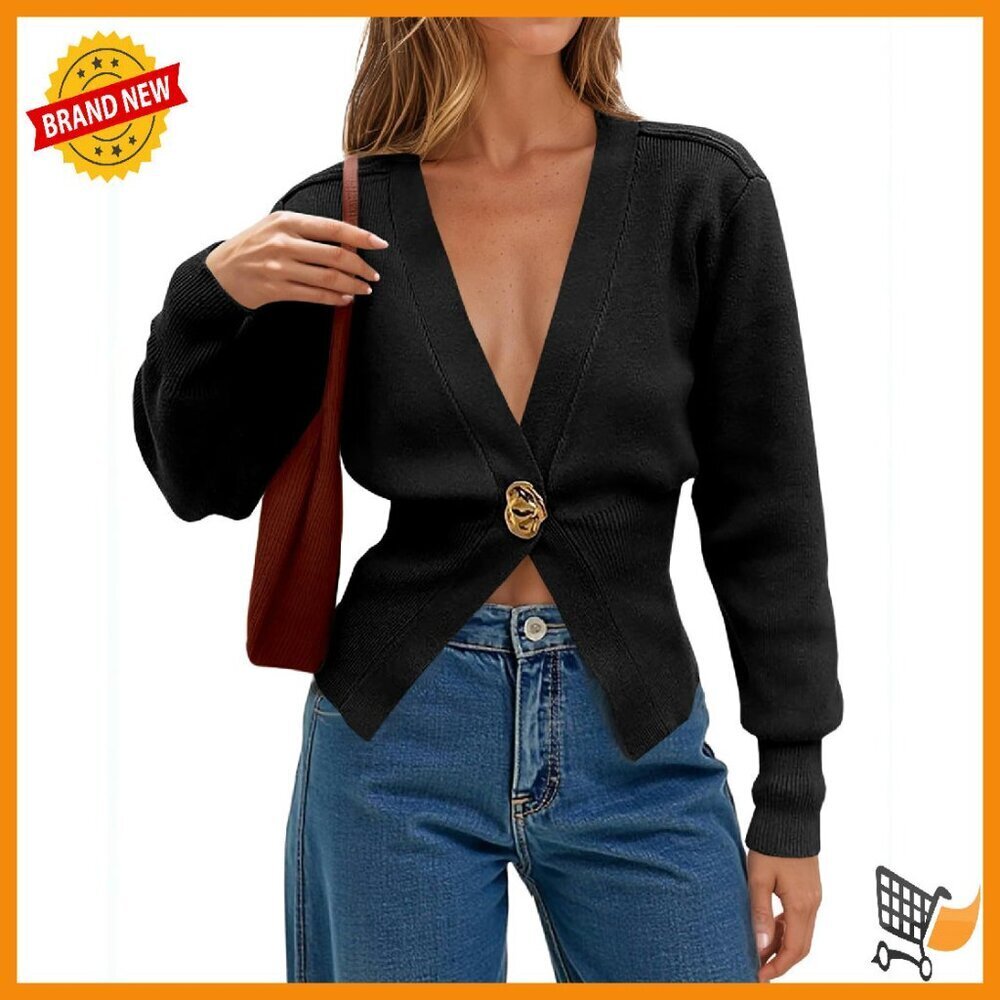 Soft V-Neck Knit Cardigan Long Sleeve Button Down Sweater Women's Fall Outerwear